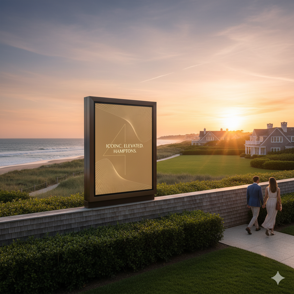 Luxury digital billboard overlooking Hamptons coastline with exclusive estates and ocean view during golden hour