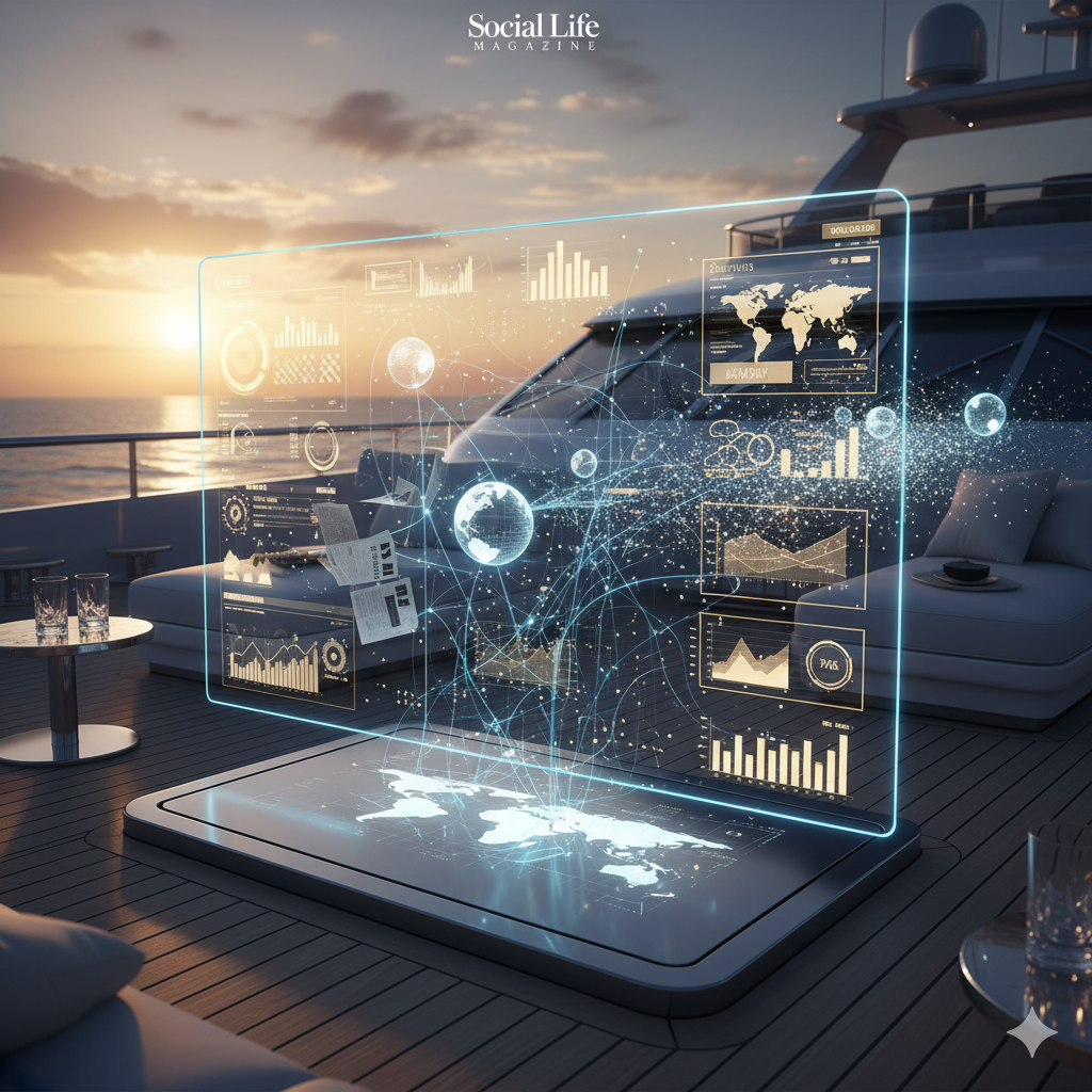 AI-powered media analytics hologram displaying luxury brand network connections above Hamptons yacht deck