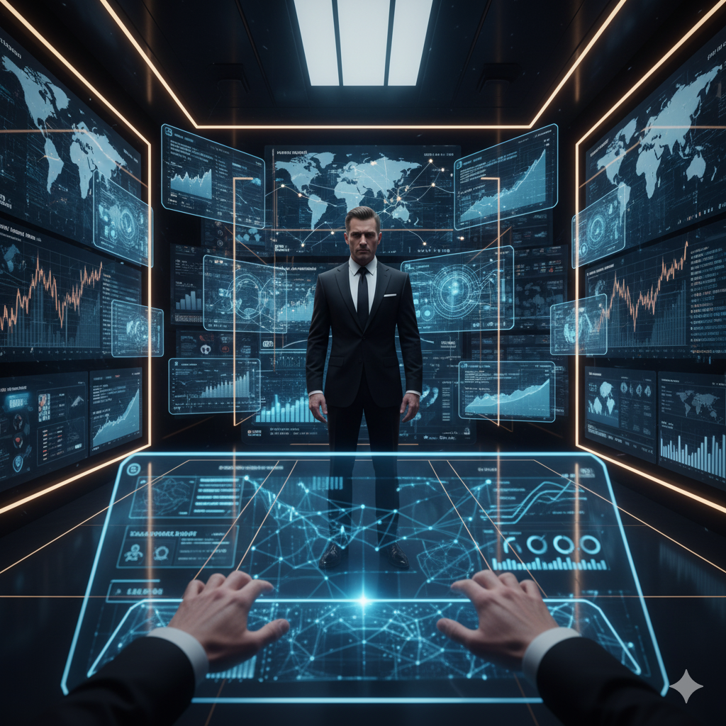 Billionaire in luxury control room managing AI-powered media platforms with real-time financial data and social networks