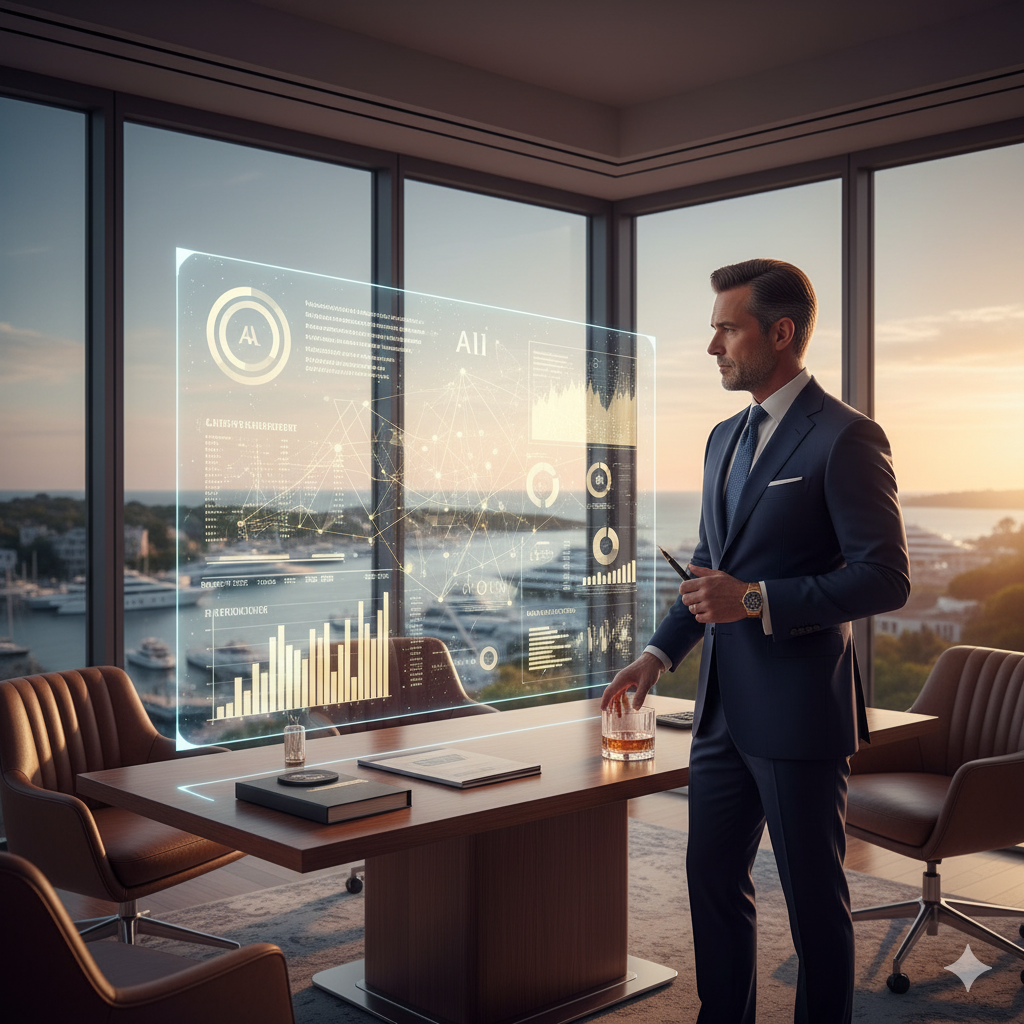Luxury brand executive using AI-powered media analytics in sophisticated Hamptons office with holographic customer data visualizations
