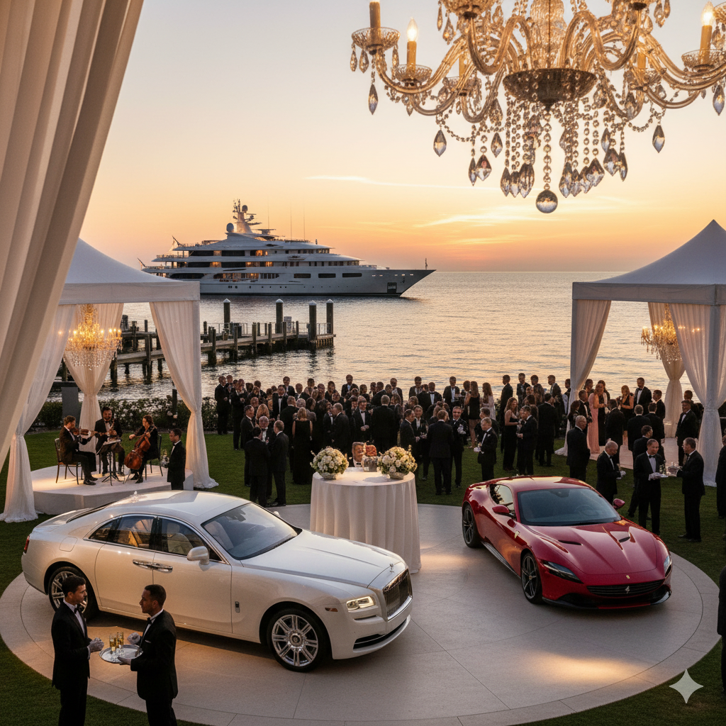 Luxury experiential marketing event at exclusive Hamptons waterfront estate with high-net-worth guests and premium brand activations