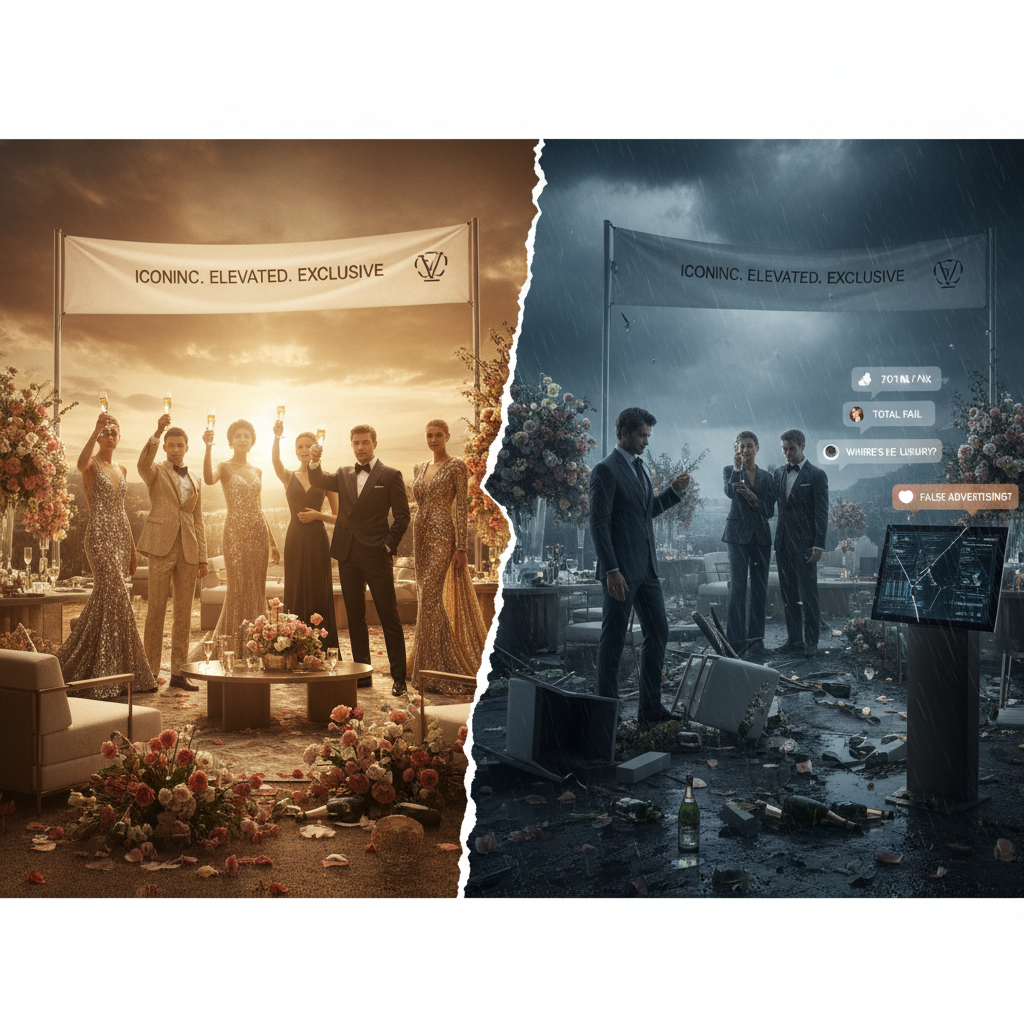 Split image showing contrast between perfect luxury event setup and failed reality with disappointed attendees and abandoned venue