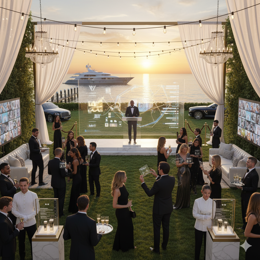 Luxury experiential marketing activation at exclusive Hamptons venue with affluent guests engaging in premium brand experience featuring technology integration and celebrity presence
