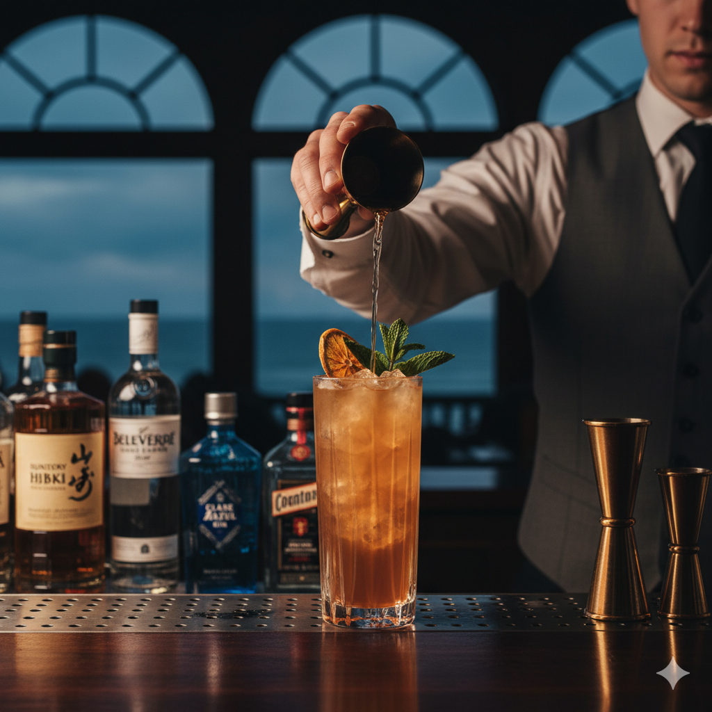 Premium Long Island Iced Tea cocktail being crafted with luxury spirits at upscale Hamptons bar