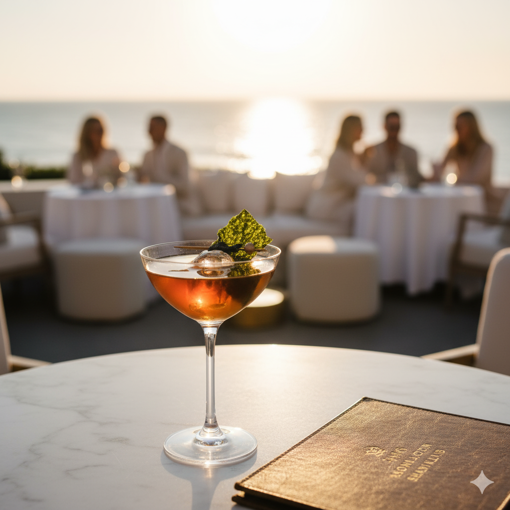 Sophisticated umami cocktail in crystal glass on Southampton Social Club terrace at sunset with elite social gathering in background