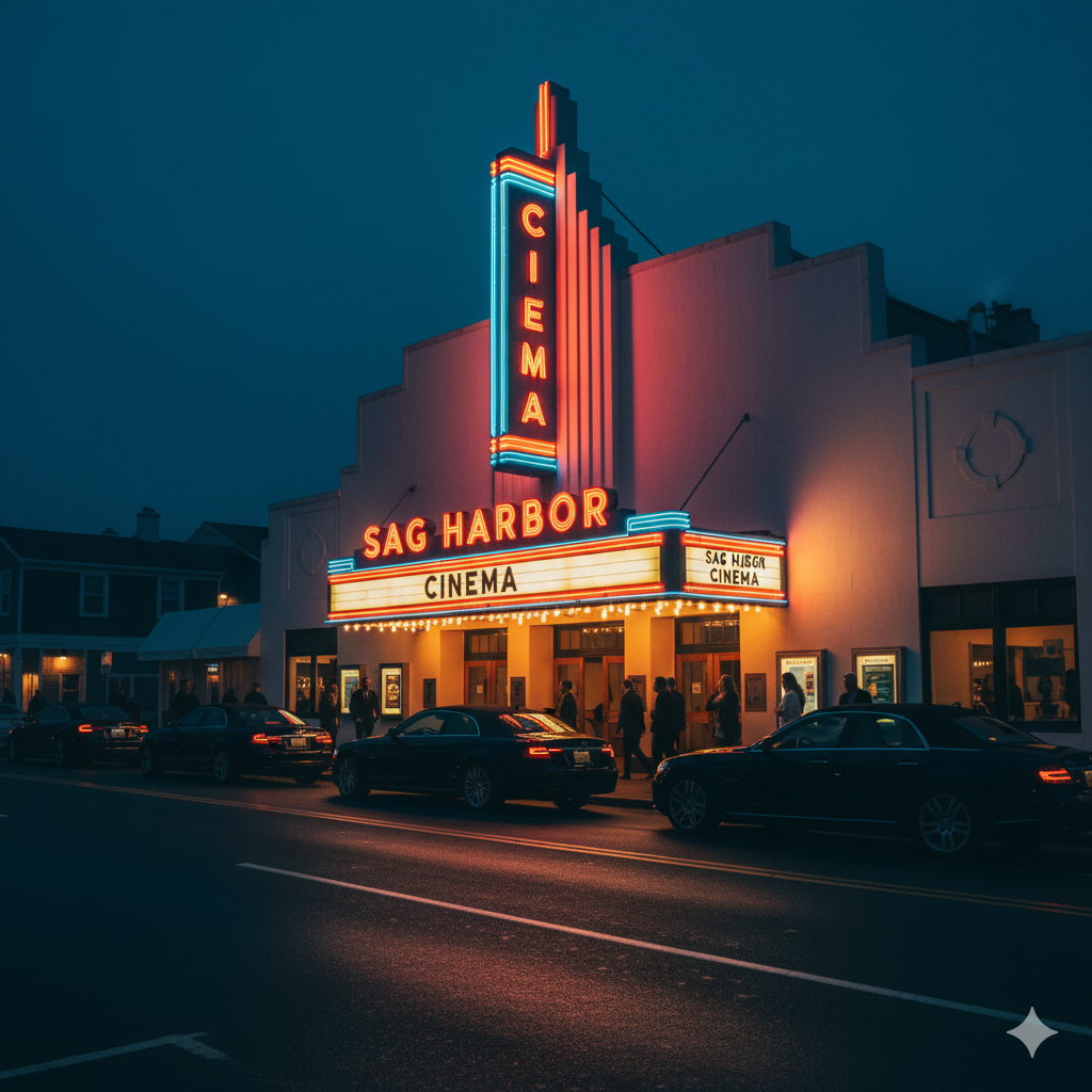 Sag Harbor Cinema art deco facade at twilight with luxury cars arriving for exclusive screening