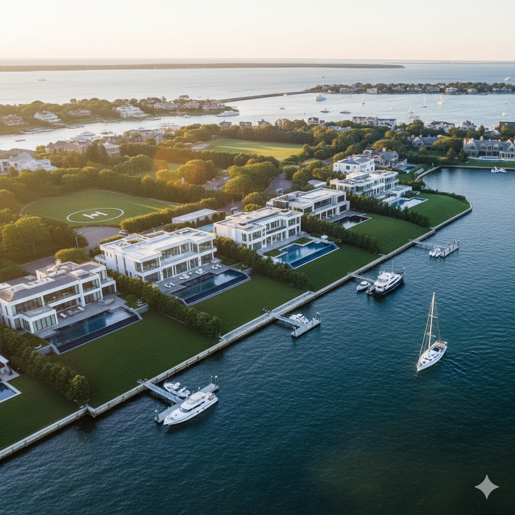 Luxury waterfront estates on Long Island Sound with private docks and yachts at sunset