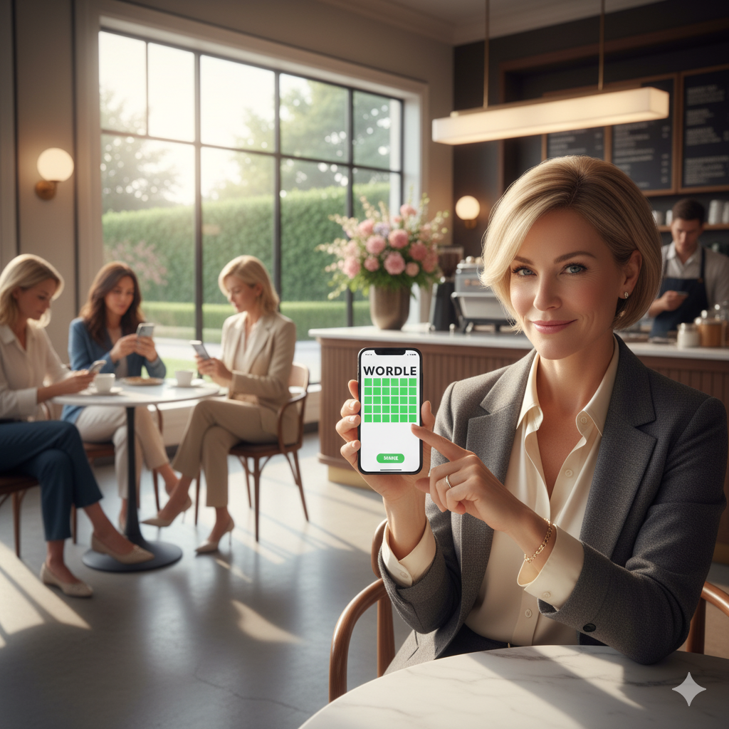 Wealthy woman celebrating two-guess Wordle victory in upscale East Hampton coffee shop