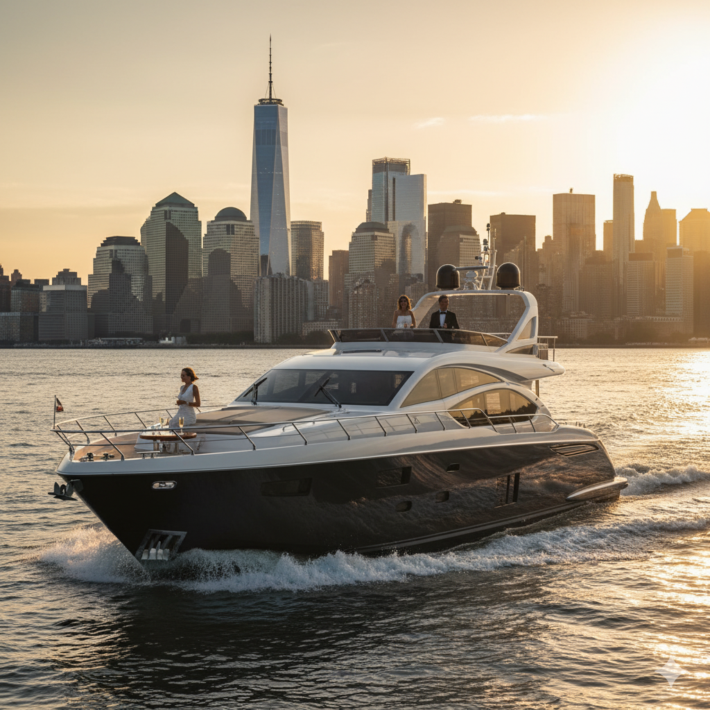 Ultra-luxury yacht charter departing Manhattan at sunset with city skyline backdrop