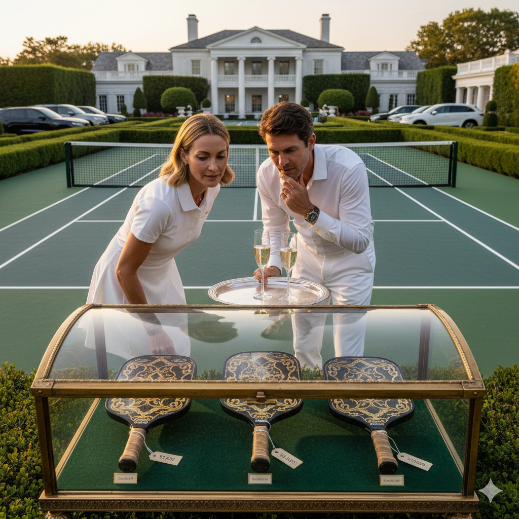 Luxury pickleball paddles displayed at exclusive private club showing expensive carbon fiber equipment worth thousands of dollars with elite members examining status symbol sporting goods