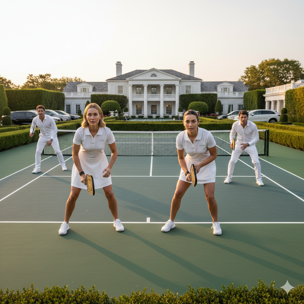 Exclusive Hamptons pickleball court with professionals demonstrating proper court positioning and etiquette during golden hour networking session