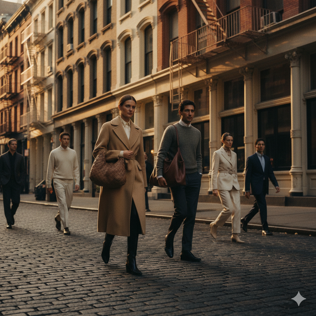 Luxury shoppers in designer clothing walking through historic Soho cast-iron district during golden hour