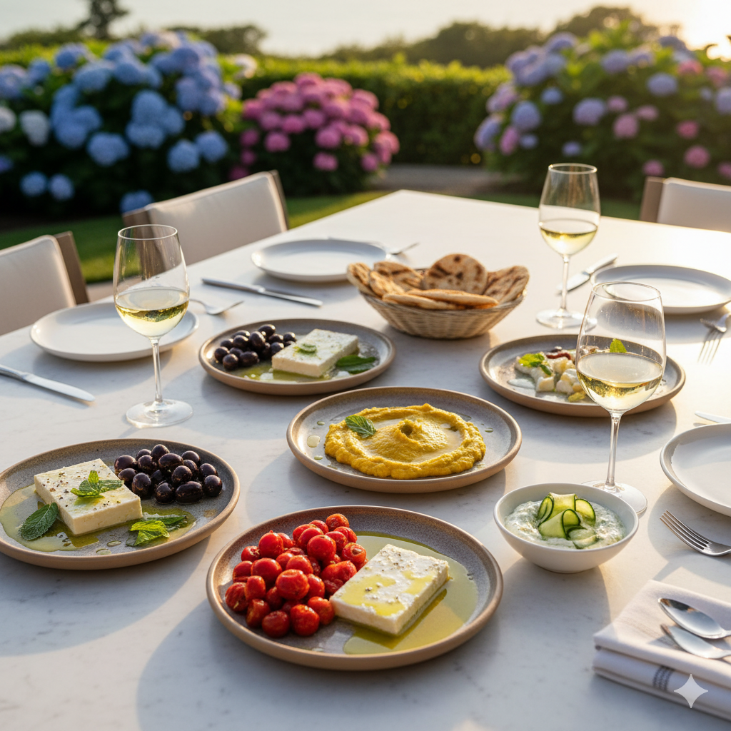 Elegant Greek mezze spread on marble table with wine glasses at sunset in the Hamptons