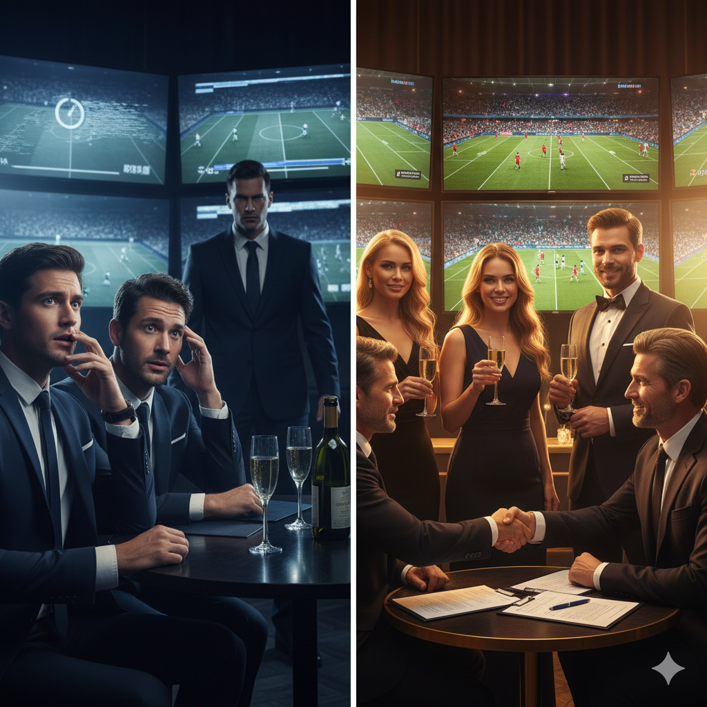 Split screen showing illegal streaming risks versus legal compliance benefits for luxury sports venues