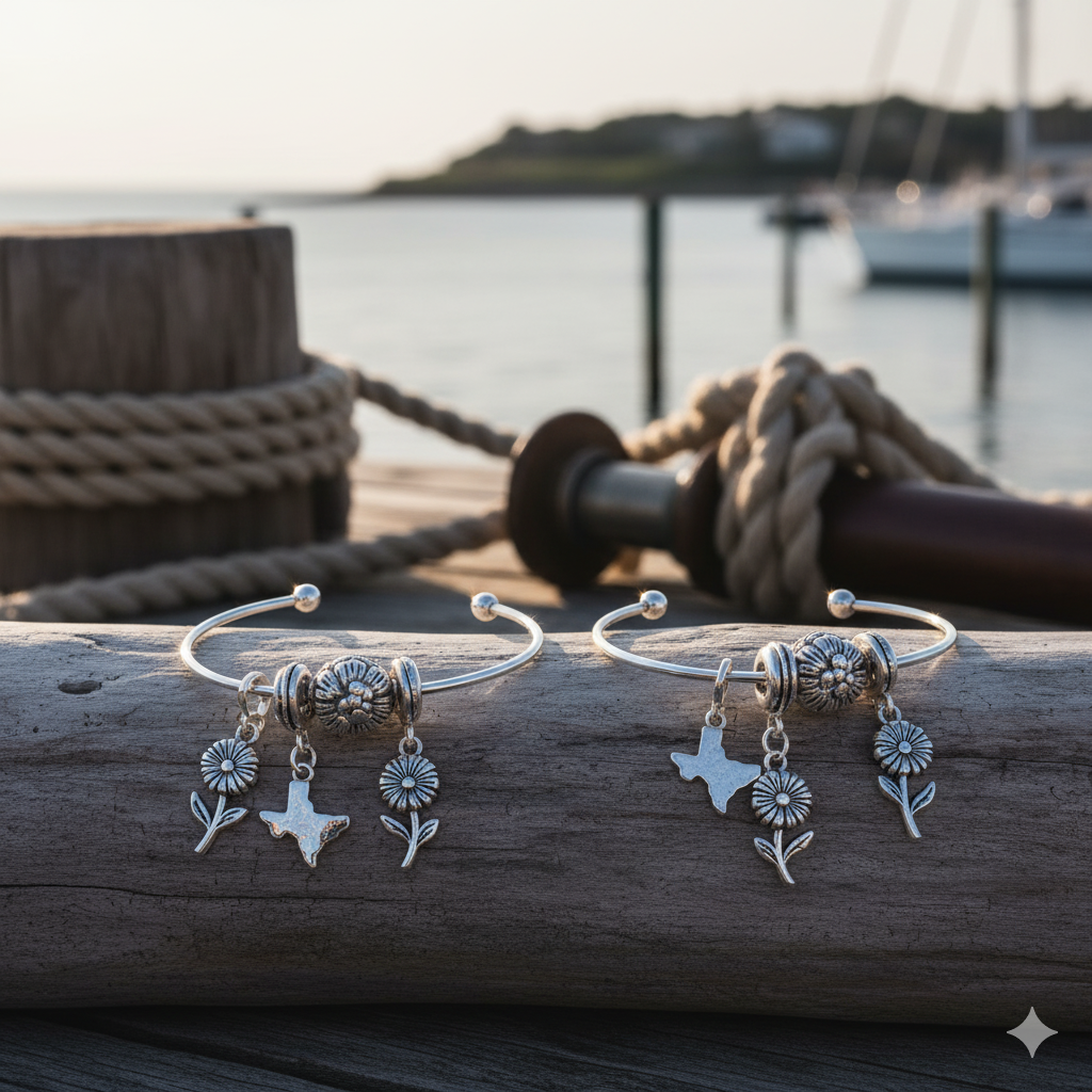 James Avery charm bracelets displayed in Sag Harbor marina setting with nautical elements