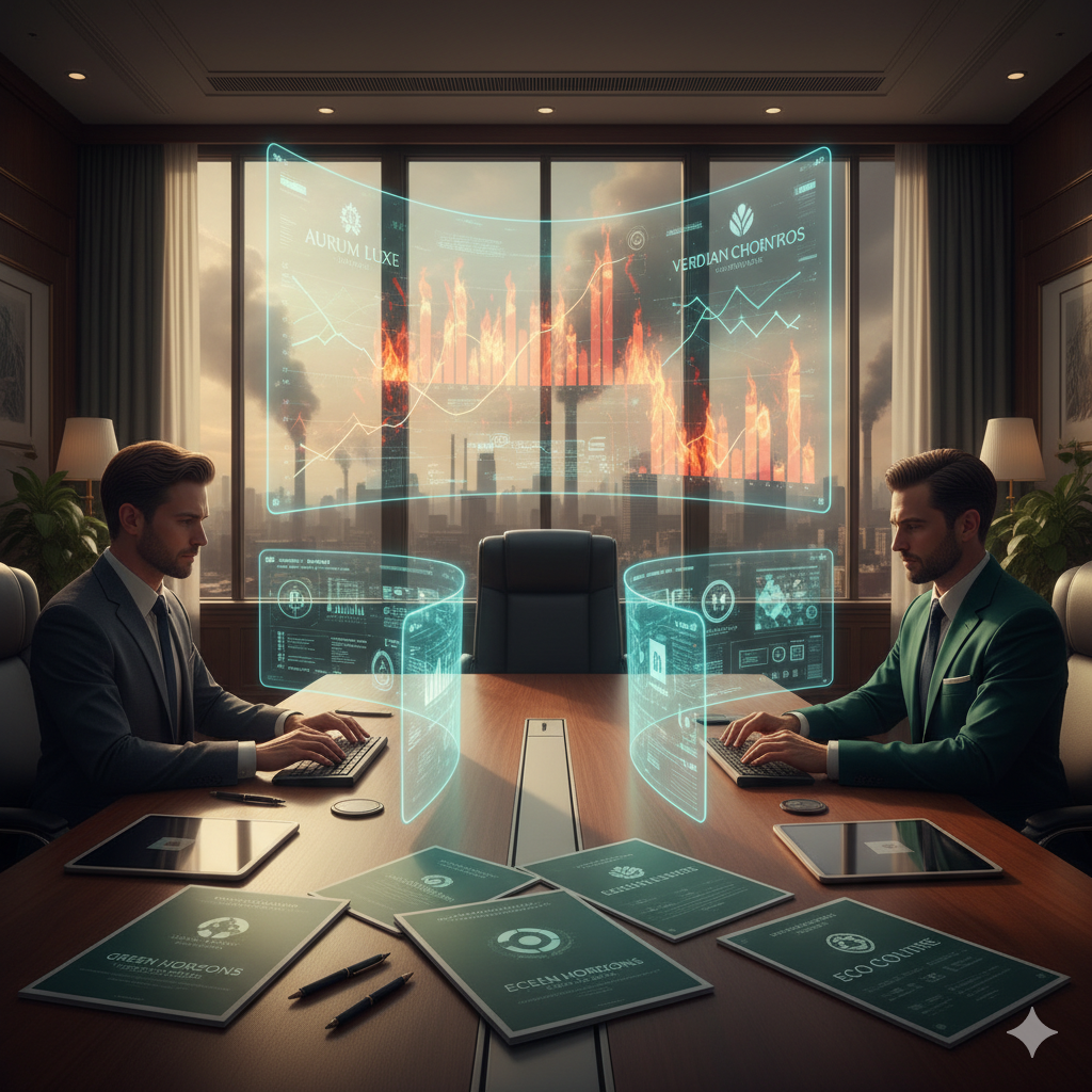 Luxury brand ESG compliance officers creating sustainability reports in modern boardroom with environmental data charts