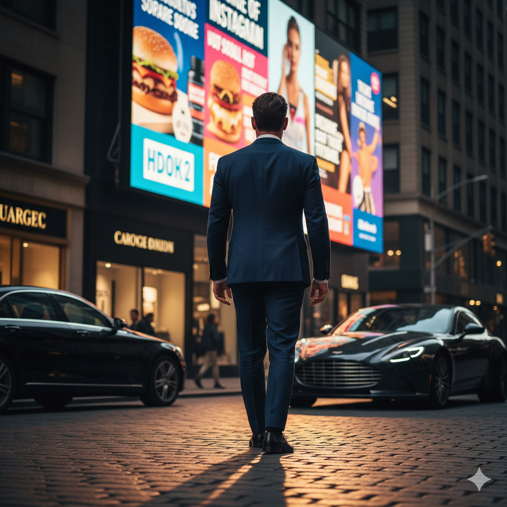 Wealthy businessman in luxury suit walking past digital advertising billboard representing failed luxury marketing to high-net-worth individuals