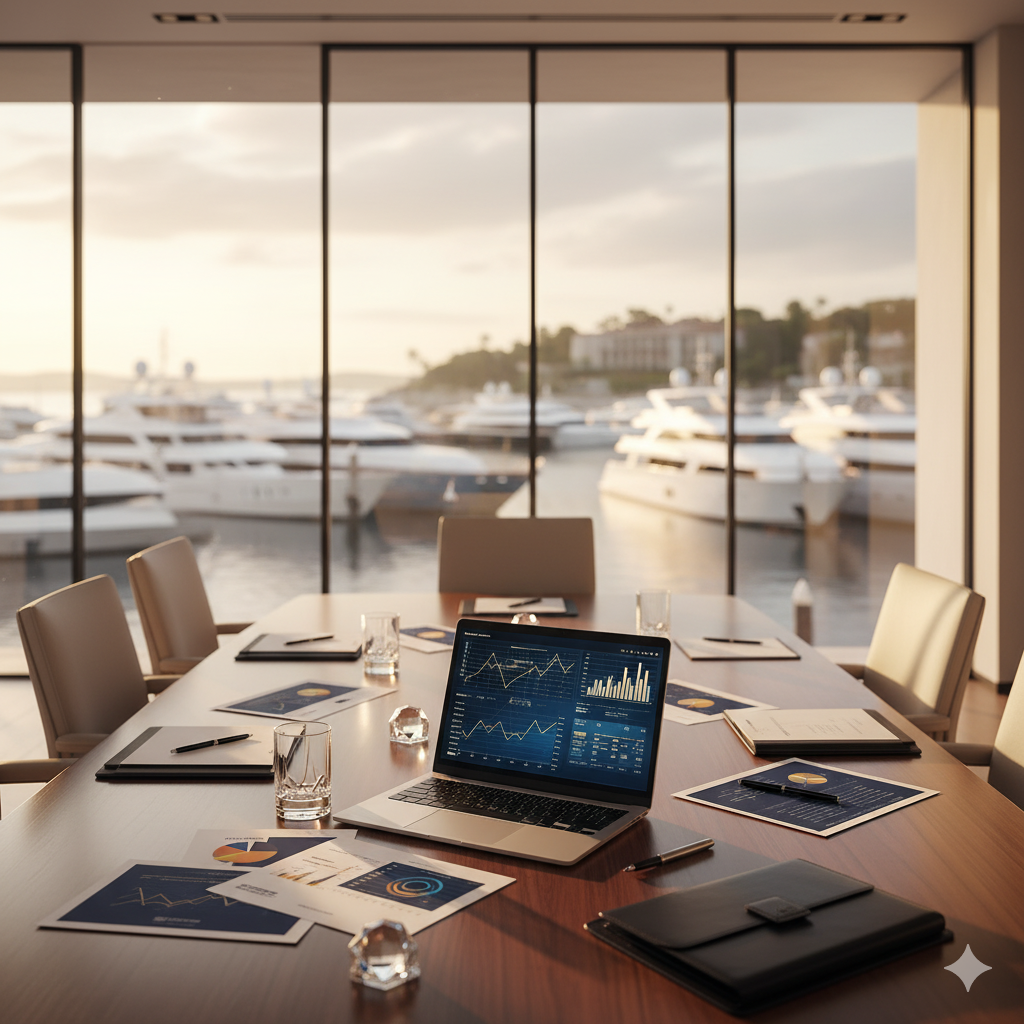 Luxury family office conference room with financial documents overlooking exclusive marina with yachts representing wealth management and family office formation