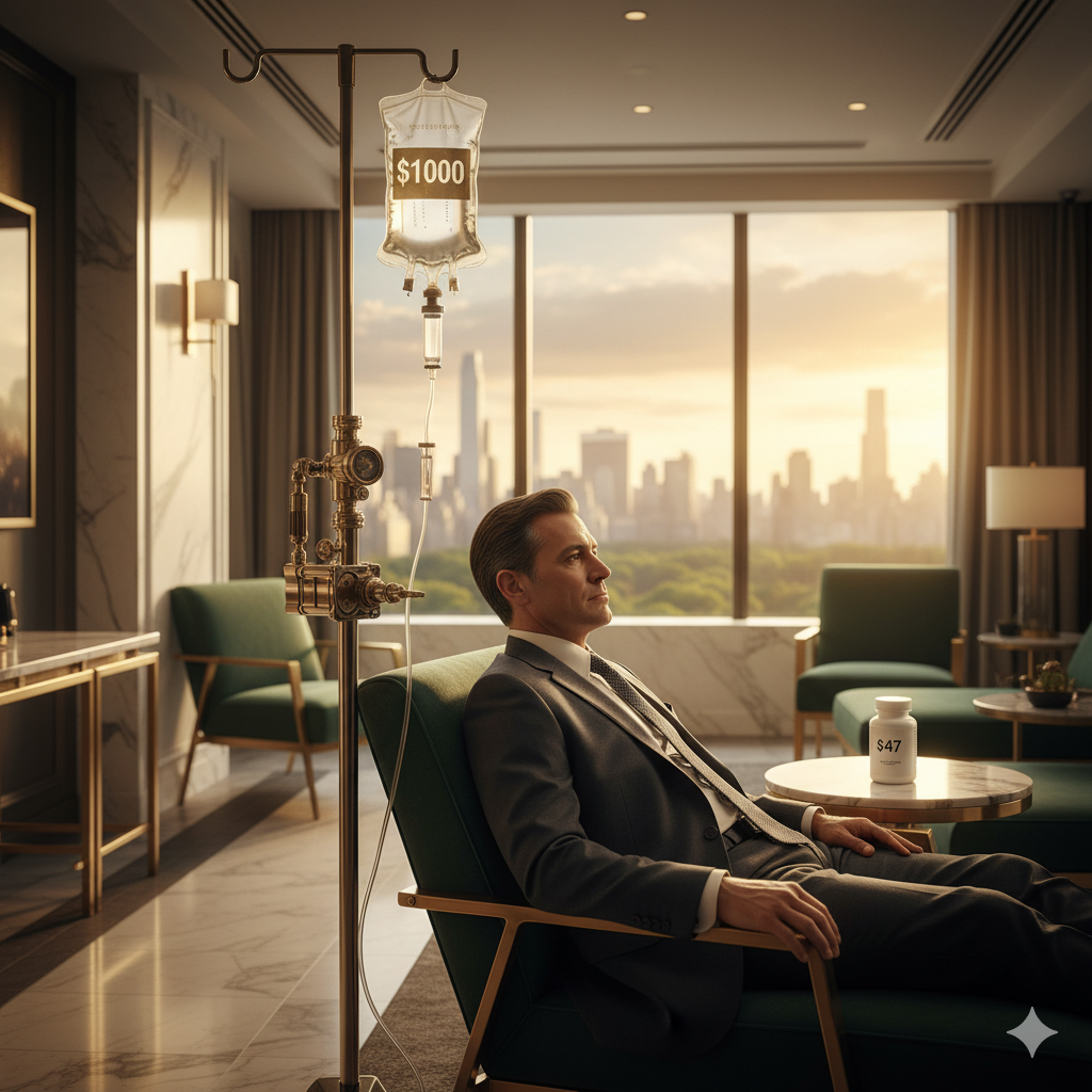 Luxury Manhattan NAD+ infusion therapy room showing expensive IV treatment versus affordable supplement bottle highlighting price disparity