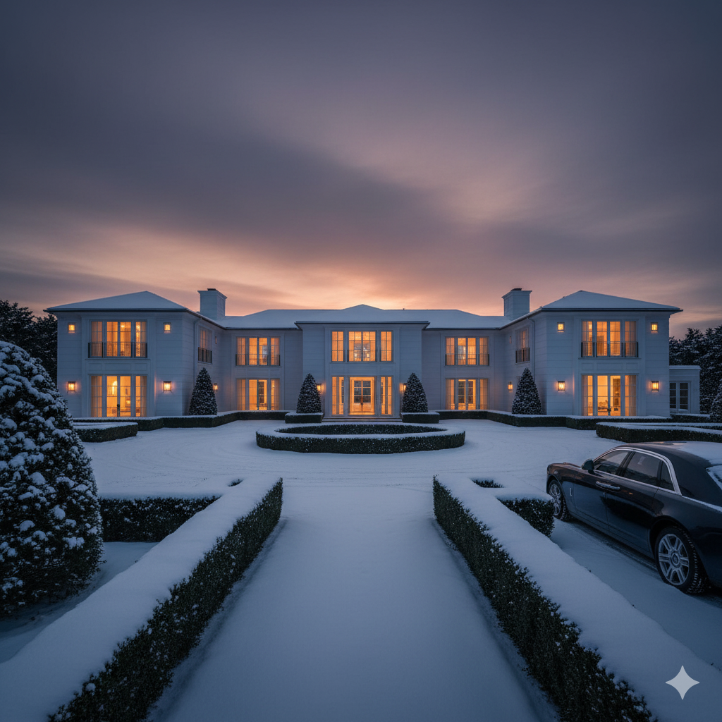 Empty luxury Hamptons estate during winter sunset showcasing expensive brand activation venue with low recall