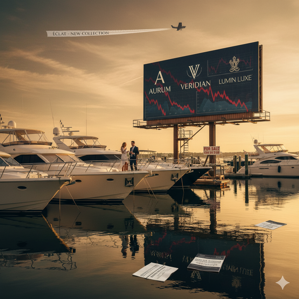 Luxury yachts in Hamptons marina with ignored advertising billboard reflecting poor marketing ROI at sunset