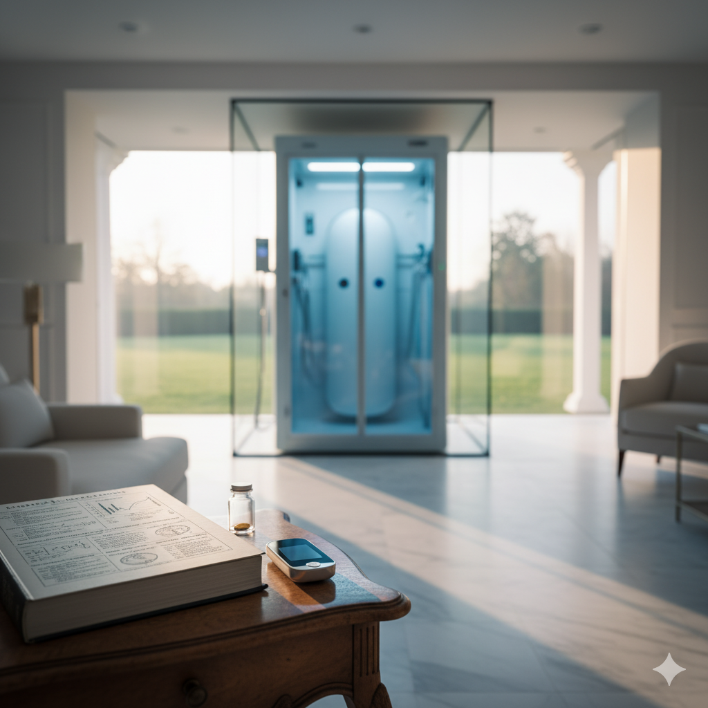 Luxury wellness facility in Hamptons showing cryotherapy chamber and medical research books highlighting longevity protocol concerns