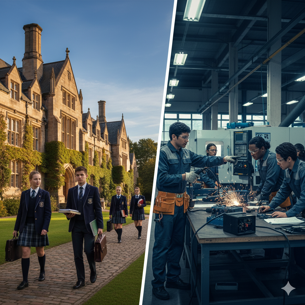 Split image comparing elite private school campus with students in blazers to business workshop with young apprentices learning practical skills