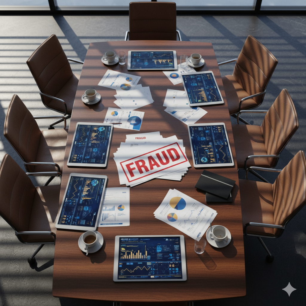 Empty boardroom with scattered AI investment documents marked with red fraud stamp, representing sophisticated investors falling for AI startup deception