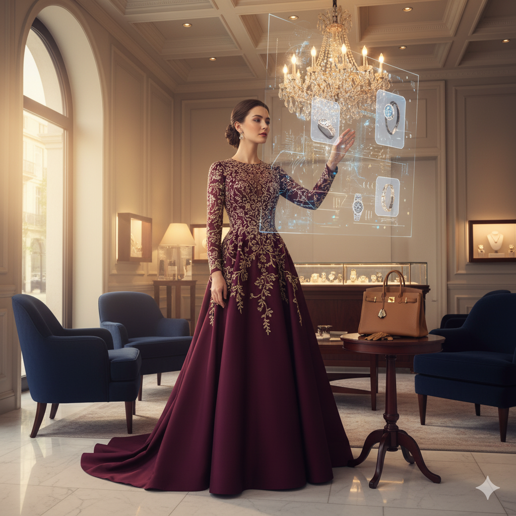 Luxury boutique interior with holographic AI personalization display showing sophisticated technology integration in high-end retail environment