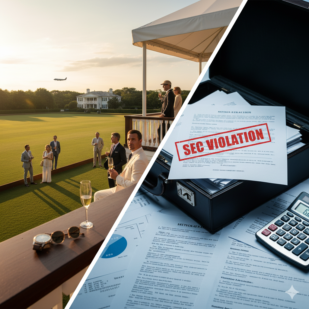 Family office marketing compliance violations cost luxury brands millions - SEC documents and legal fees contrasted with Hamptons polo event targeting wealthy family office clients
