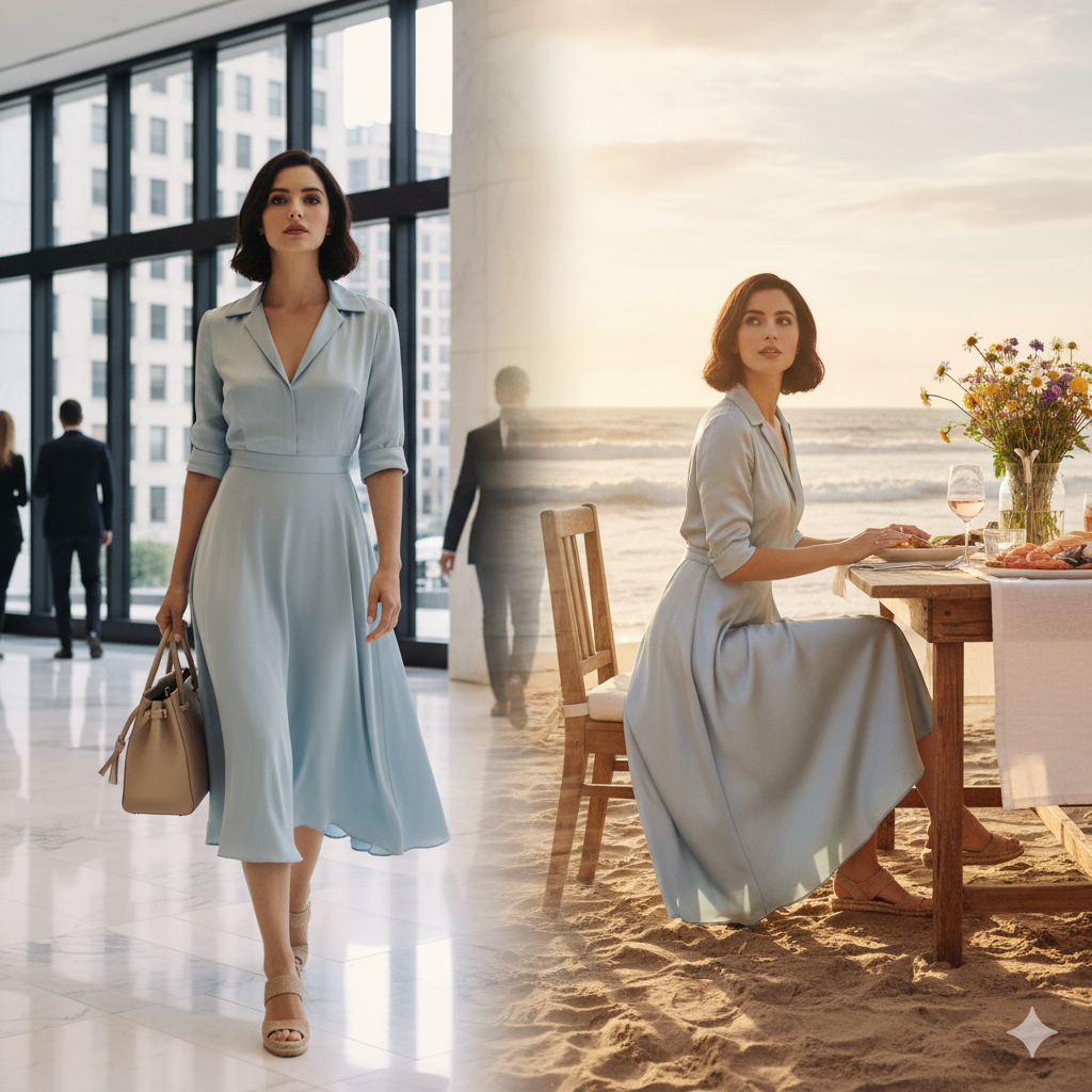 Stylish woman in pastel work dress blending office elegance with Hamptons charm.