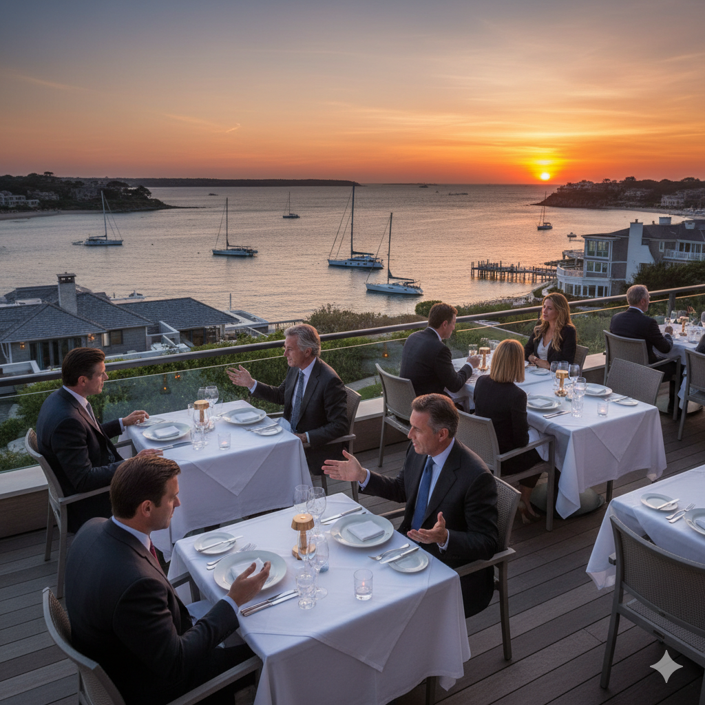 Exclusive Hamptons restaurant terrace where business executives conduct billion-dollar deal negotiations over luxury dining