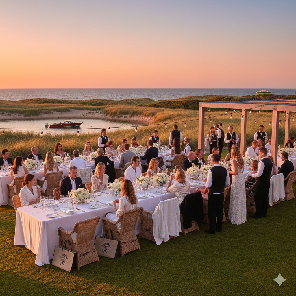Glamorous sunset soirée at a Hamptons oceanfront estate with elegantly dressed guests and designer brand activations