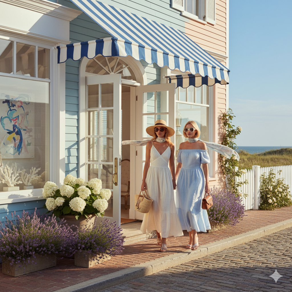 Elegant shoppers entering a chic Hamptons fashion boutique.