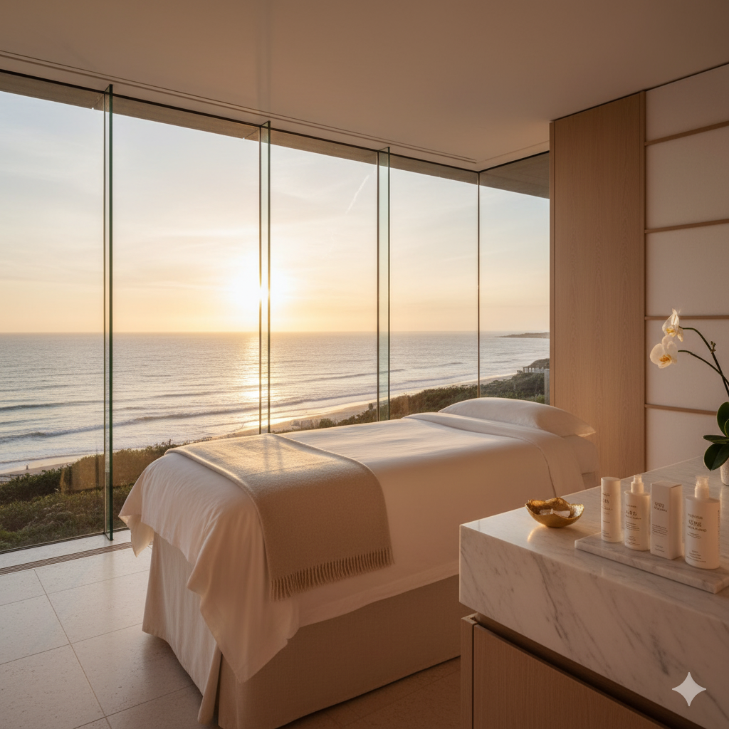 Luxury spa treatment room overlooking Hamptons ocean with exclusive wellness amenities for celebrity clients