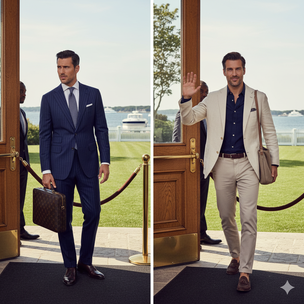 Elite dress code psychology comparison showing insider vs outsider social signaling at exclusive club