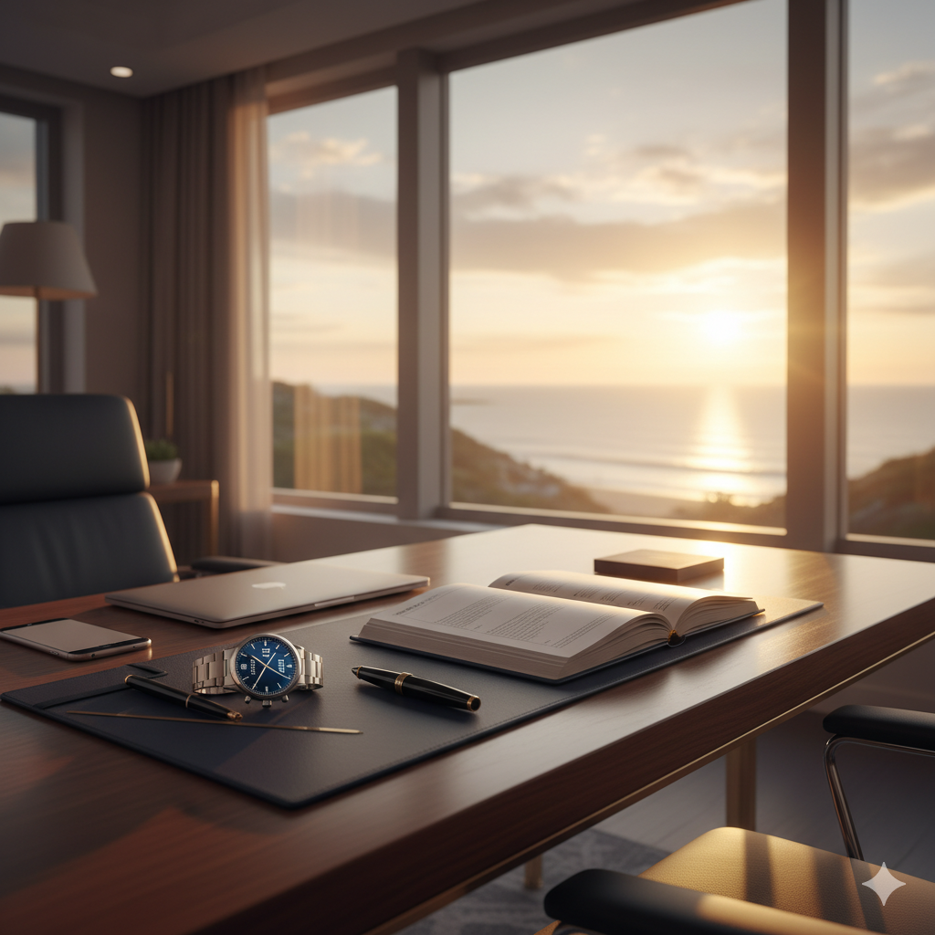 Luxury executive workspace with military time watch overlooking Hamptons coastline - precision timing for power players