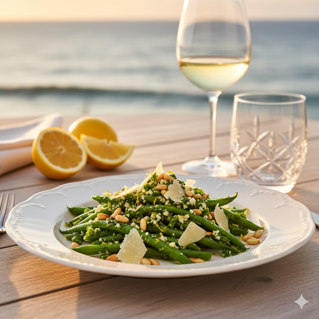 Luxury green beans recipe by Ina Garten on fine dining table