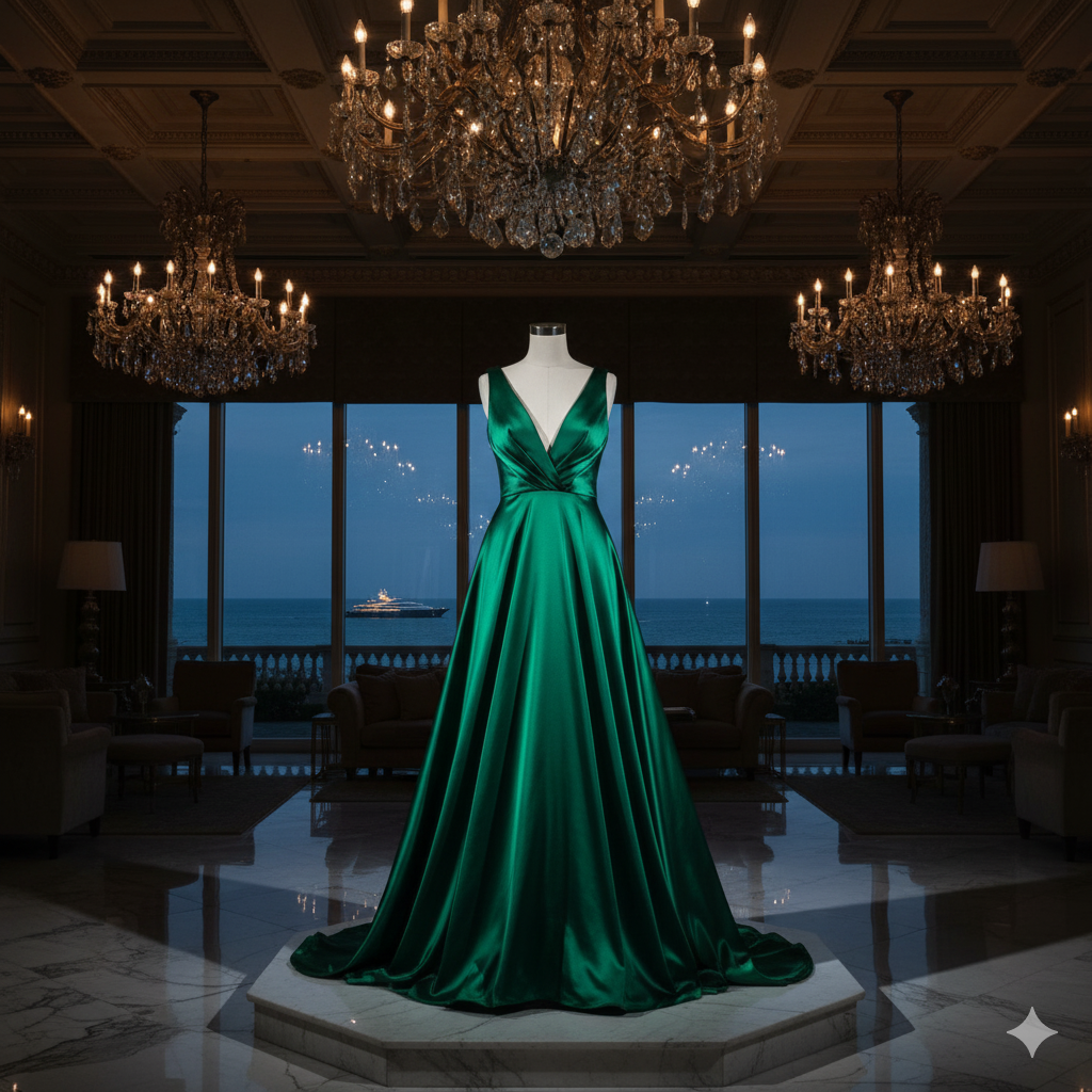 Emerald green dress luxury gown Hamptons estate”.