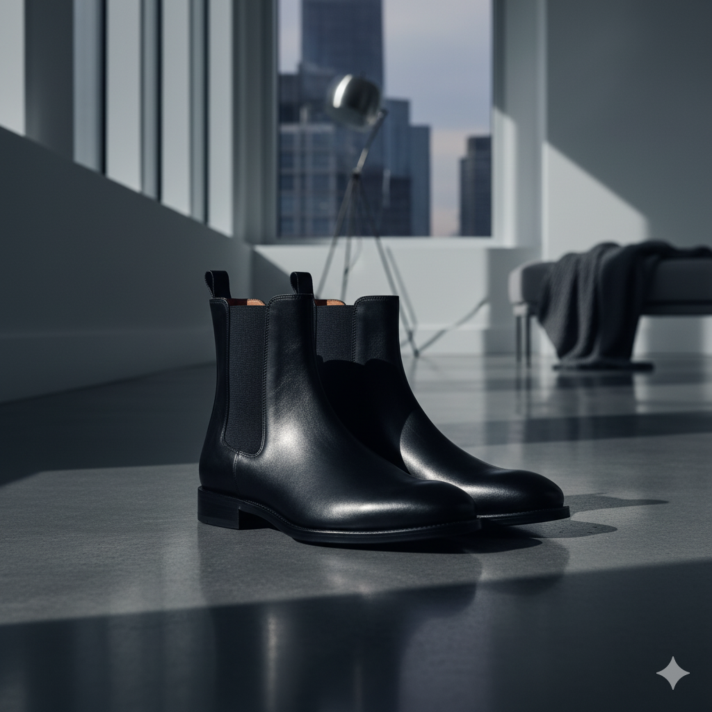 Luxury black leather boots in a minimalist setting, exemplifying power dressing and confidence