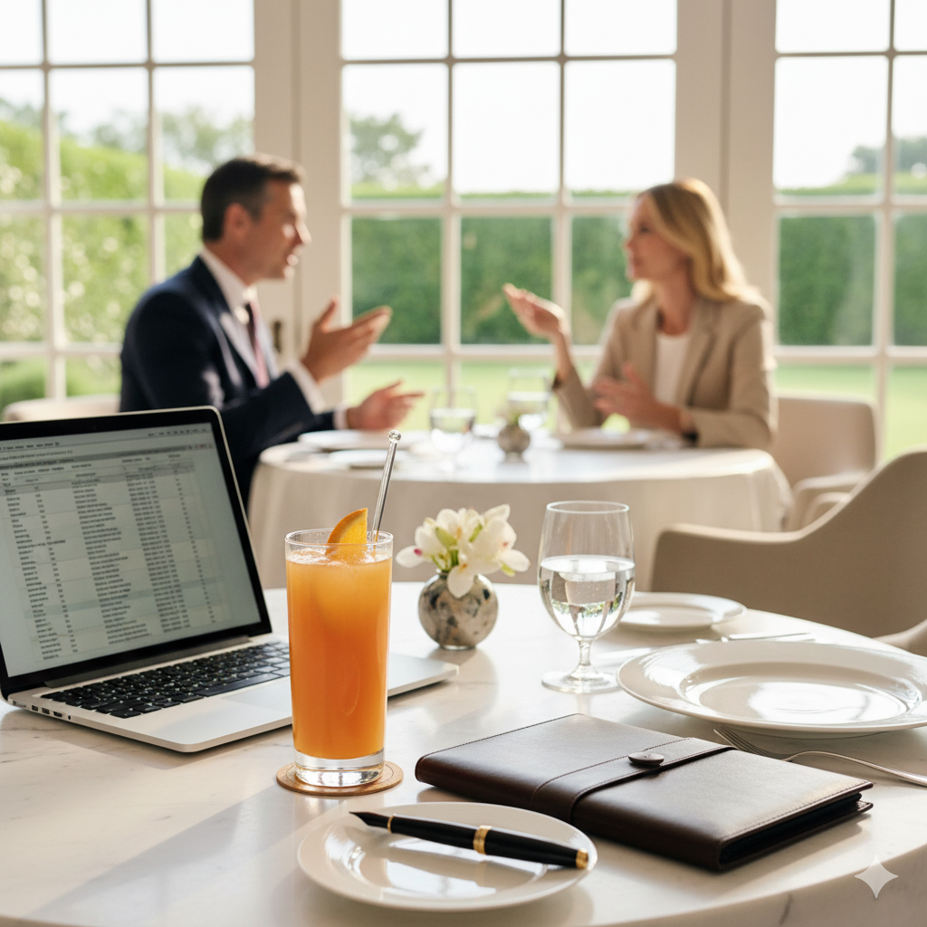 Elegant screwdriver cocktail at luxury Hamptons power breakfast meeting with sophisticated business executives