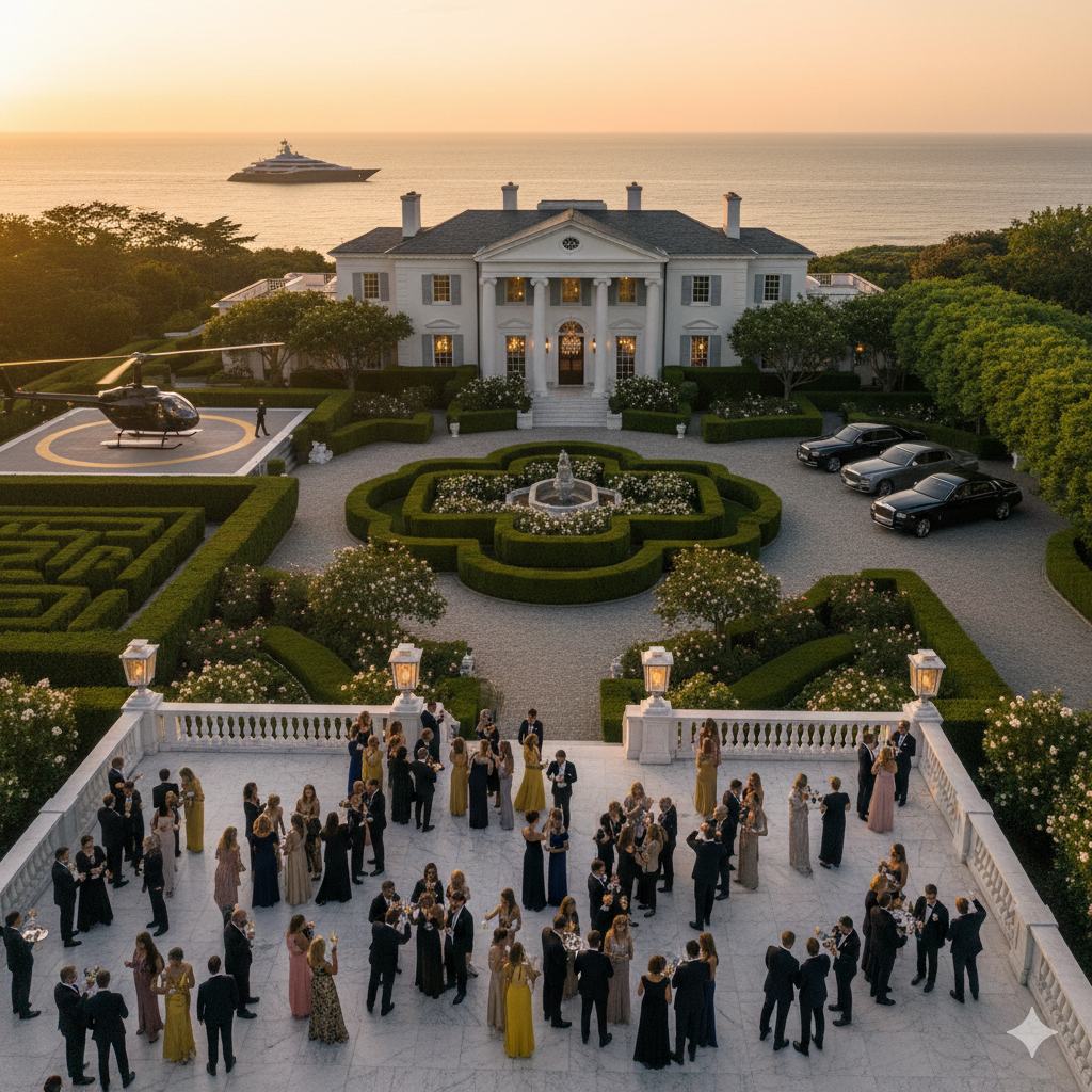 Exclusive private estate event at luxury Hamptons mansion with helicopters, designer guests, and ocean views