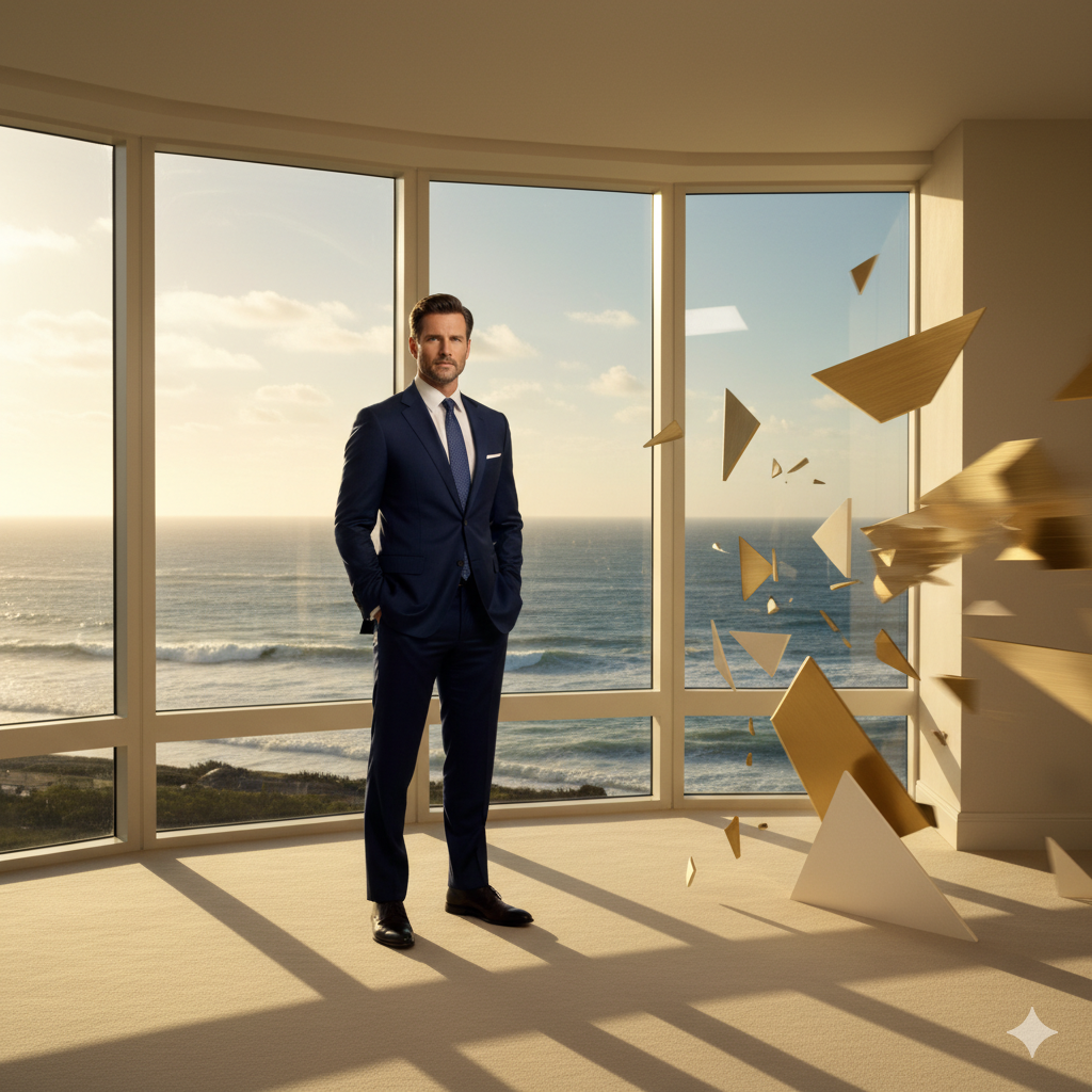 Elite executive implementing block breaker strategies overlooking Hamptons luxury real estate"