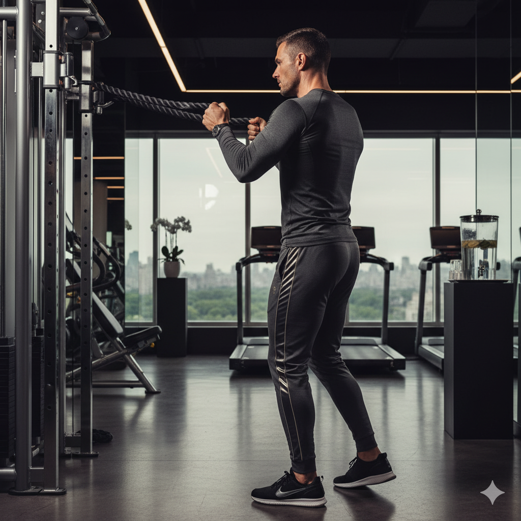 Elite professional demonstrating proper face pull exercise technique for superior shoulder strength and health in luxury Manhattan gym