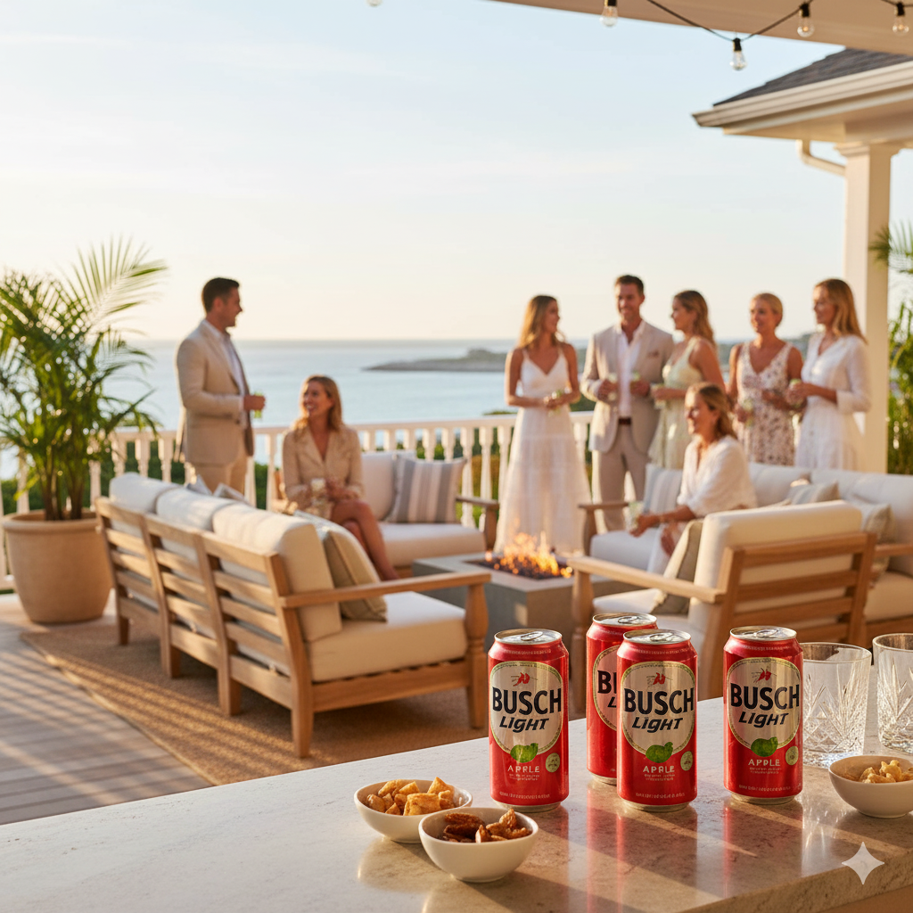 Busch Apple beverages displayed at exclusive Hamptons after-party on luxury estate deck