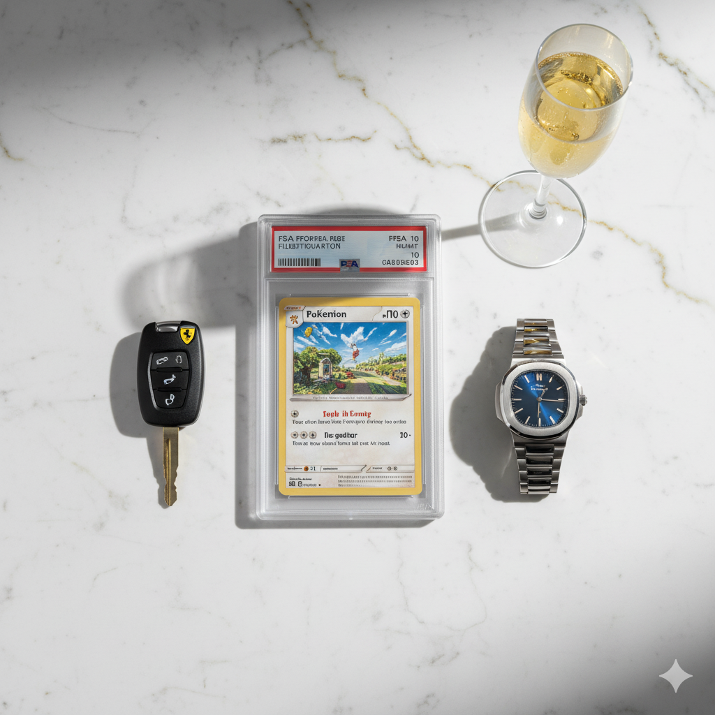 PSA graded Pikachu Illustrator card worth 5.275 million displayed with Ferrari keys and luxury accessories on marble surface