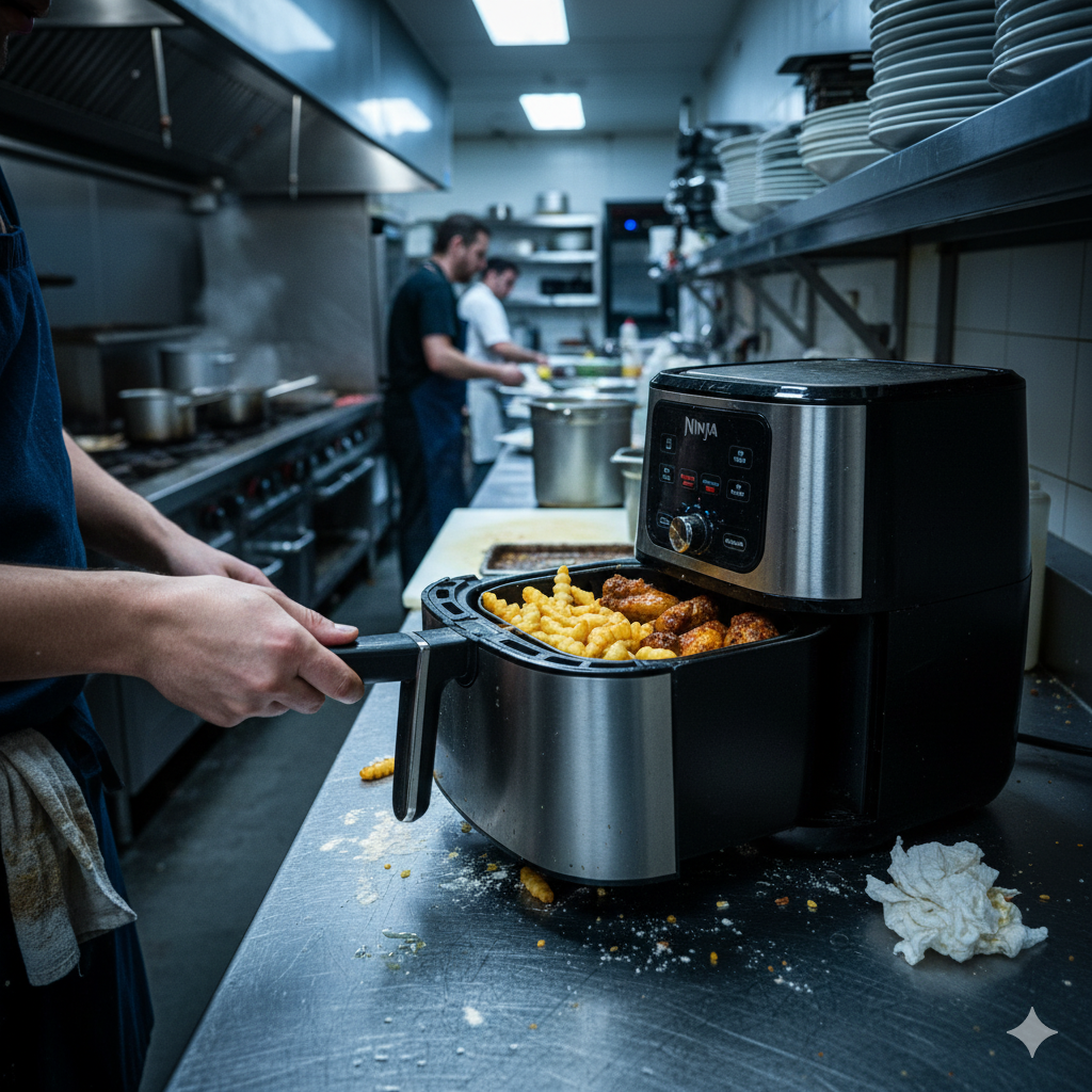 Professional chef using Ninja air fryer in commercial kitchen for crispy perfection