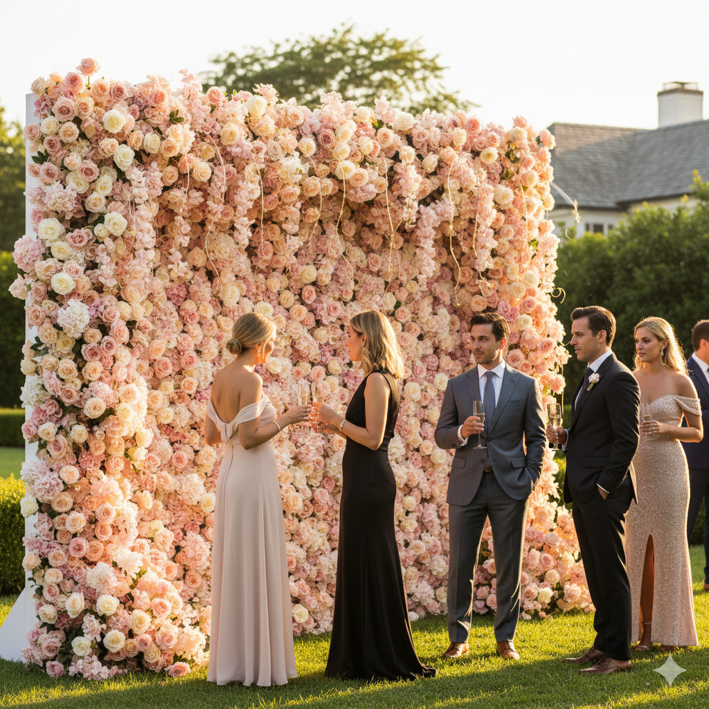 Luxury flower wall with blush roses and gold accents at Hamptons garden party