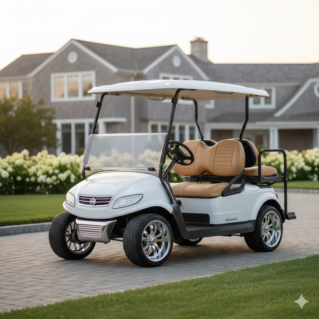 Luxury Denago golf cart with premium upgrades on Hamptons estate driveway