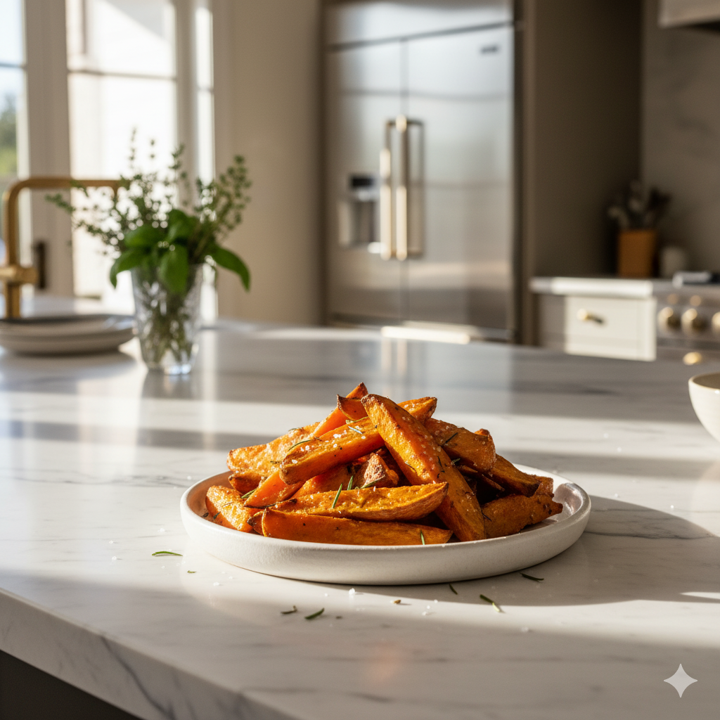 Luxury roasted sweet potatoes arranged on elegant white platter in sophisticated Hamptons kitchen with marble countertops and brass fixtures